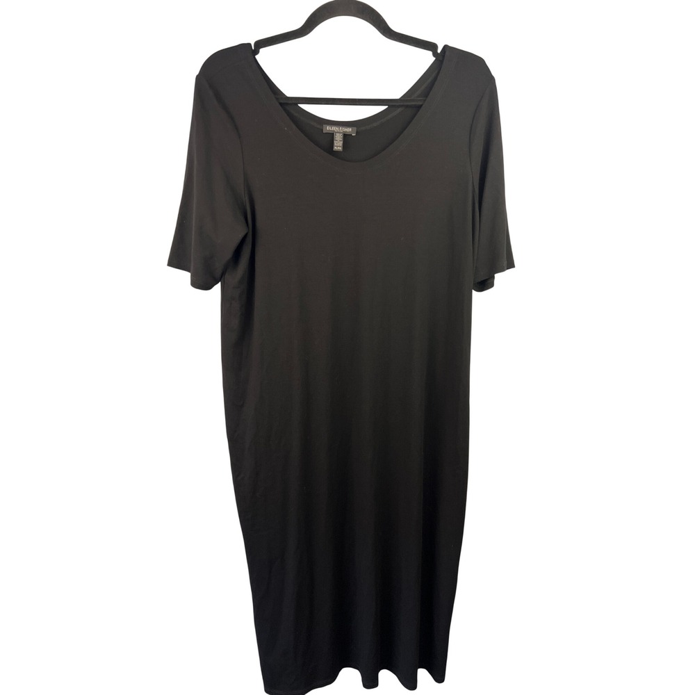 Eileen Fisher Black Scoop Neck Short Sleeve Midi T-shirt Dress SZLP Minimalist